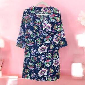 Boden Linen Shift Dress Blue Floral 3/4 Sleeve Split Neck Size 4L